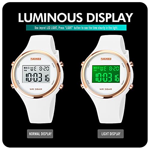 Womens Sports Watch Digital Watches for Women with Waterproof Stopwatch 30M Waterproof Week Date Alarm LED Light Calendar Chrono Silicone Straps Gift for Girls Women 5