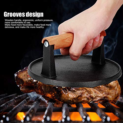 Round Cast Iron Meat Baken Steak Presers with Wooden Handle Presser Grill Accessories 7.1x7.1x3.1in for Barbecue Bacon BBQ Household 4