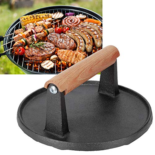 Round Cast Iron Meat Baken Steak Presers with Wooden Handle Presser Grill Accessories 7.1x7.1x3.1in for Barbecue Bacon BBQ Household 6
