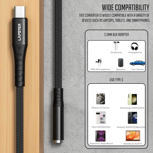 LS LAPSTER Quality Assured Type C to 3.5 mm Audio Jack Connector with DAC Headphone Converter Supports Mic & Audio, Metal Body, Black 5