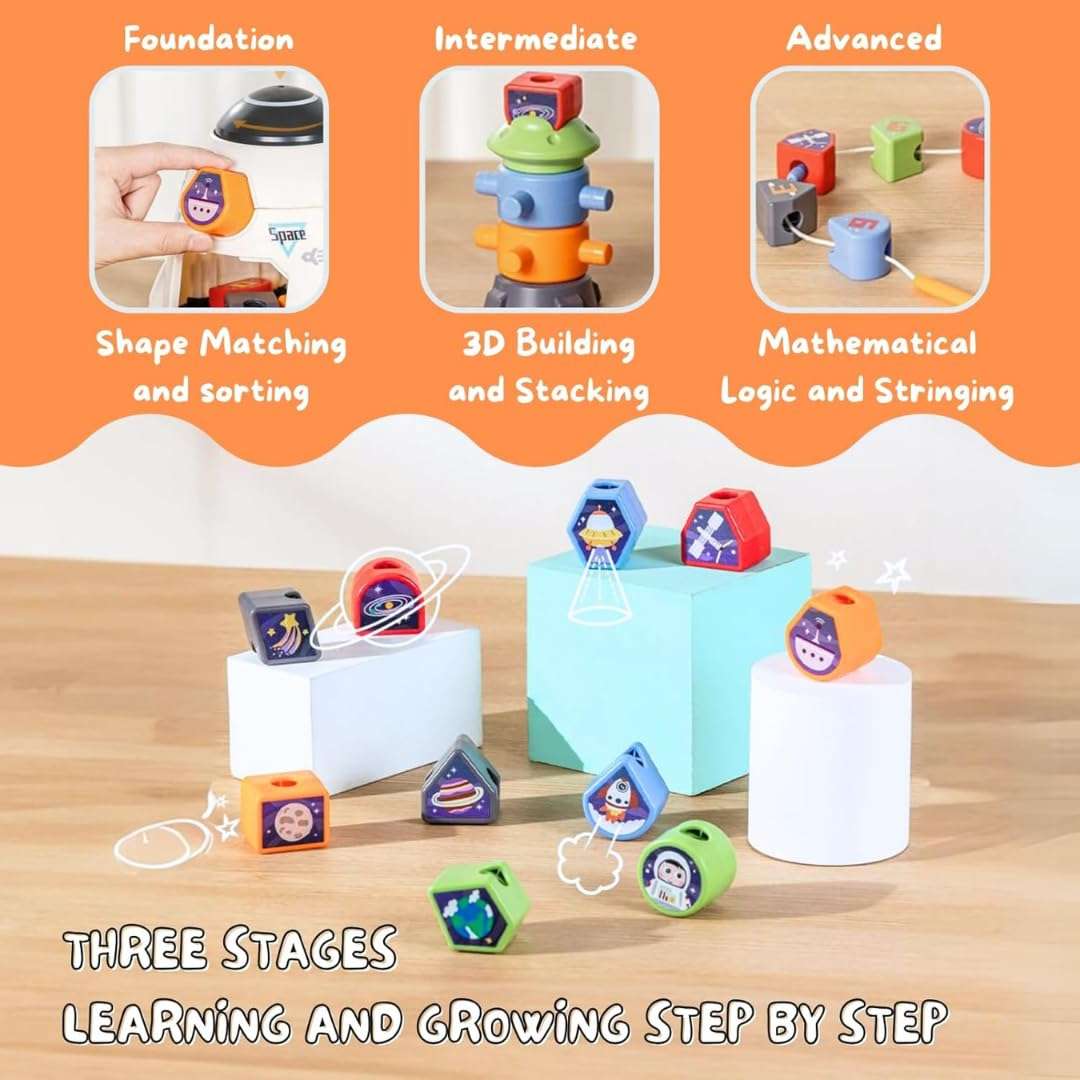 MiniExplorer Premium Montessori Spaceship Toy for Toddlers | Color and Shape Sorting, Stacking & Building Blocks, Lacing Beads Set for Preschool|Gift for 2+ Year Old Boys and Girls, 1 Piece 6