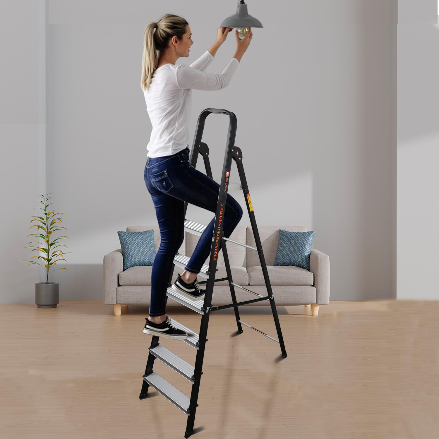 Bonkaso 7 Steps Climb Lite Pro Foldable Aluminium Ladder, Load Capacity upto 120kg, Multipurpose ladder for home & office, Anti-Skid Steps, Heavy Duty Platform, 5 Years Warranty (215h x 56w Cms) Black 6
