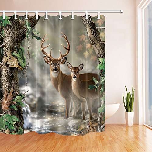 TANSTAN Deer Decor,Waterproof Fabric Elk Foggy Forest Shower Curtain, Hooks Included, 71X71 inch 3