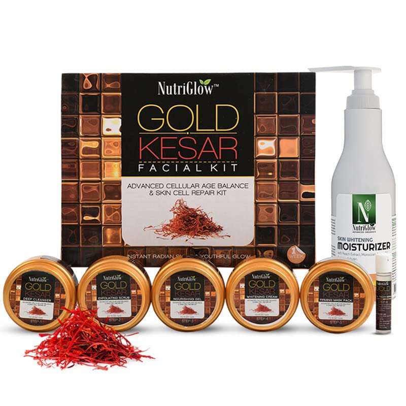 NutriGlow Gold Kesar Facial Kit (250gm+10ml) & Advanced Organics Whitening Moisturizer (200ml) For Perfect Glowing, Hydrating and Skin Tanning, Dark Spots and Freckles Treatment, All Skin Types, Pack of 2 2