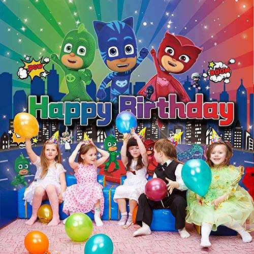 QUEENMO Pj Masks Birthday Party Supplies Banner Backdrop Kit for Kids Photo Background, Gift for Boys or Girls,Blue,2(X00029) 3