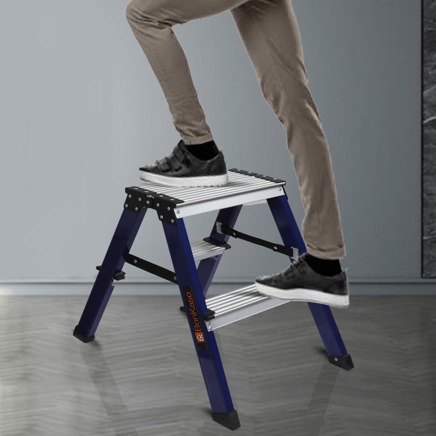 BonKaso Aluminium 2 Step Ladder | Folding Step Stool for Home, Kitchen, Office & Library | Lightweight Ladder | Anti-Slip Wide Pedal Step Stool (Blue - 59h x 42w CMs) 6