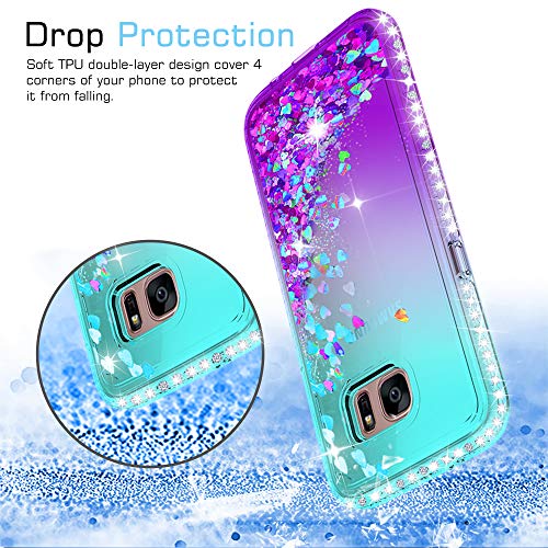 LeYi Compatible with Galaxy S7 Edge Case (Not Fit S7) with 3D Pet Screen Protector[2PCS] for Girls Women, Glitter Shiny Diamond Clear Phone Case for Samsung Galaxy S7 Edge, Teal/Purple 6