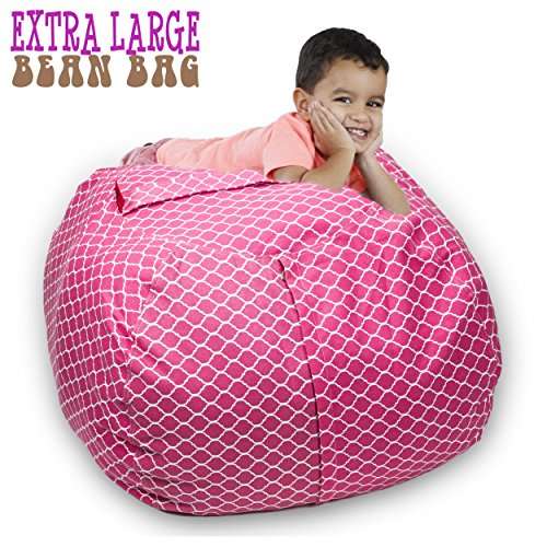 Stuffed Animal Storage Bean Bag Chair 38" Extra Large Premium Cotton Canvas By SAKIBO (Light Red,White) 2