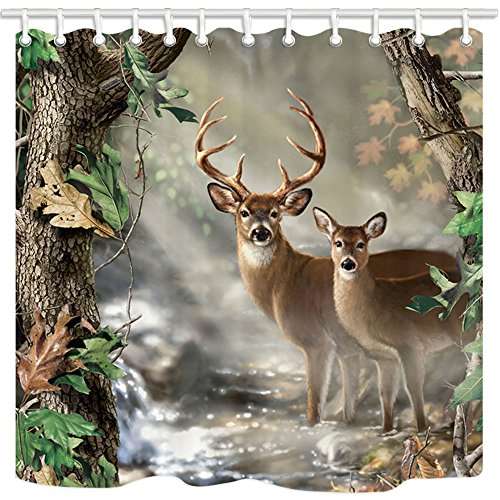 TANSTAN Deer Decor,Waterproof Fabric Elk Foggy Forest Shower Curtain, Hooks Included, 71X71 inch 2
