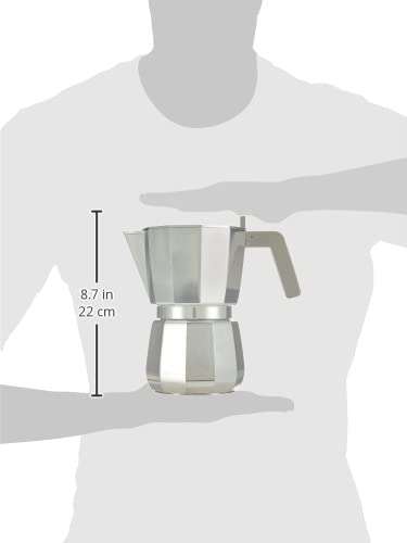 Moka, Espresso coffee maker in aluminium casting. Handle and knob in PA, grey. Magnetic steel bottom suitable for induction cooking. Filter for American coffee included. 9 cups. 4