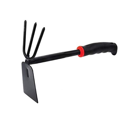 Yima Gardening Hand Tool Metal Head Hoe with 3 Teeth Rake Carbon Steel Blade Heavy Duty for loosening Soil, Weeding and Digging Rust Proof