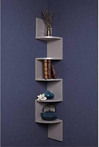 HusNain Wooden Wall Mount Zig zag Shaped Shelf for Living Room , Zig Zag Home Decor Floating Display Rack Storage Organizer Unique Design with Finish 5 Tiers Book Shelf Corner (Grey) 3