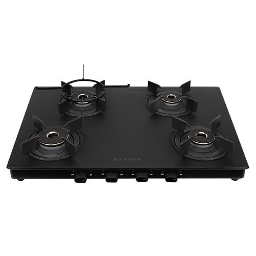 Faber Nebula Black Matt Finish Cooktop |4 Brass Burners - Jumbo, 2 Medium & Small | Manual Ignition| Heavy Pan Support with ABS Knobs| 5Yr Warranty on Glass & Burners by Faber|Cooktop Nebula4BB BK