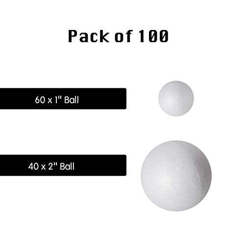 100 Pack Styrofoam Balls (40 piece 2'' inch, 60 piece 1'' inch) -Foam Balls- Foam Craft Balls - Foam Balls For Arts and Crafts- Floral Foam Balls- Bulk Styrofoam Balls-1 & 2 Inch Foam Balls (100 Pack) 2