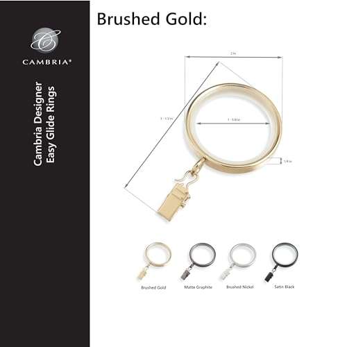 MODE Cambria Designer Series - Premium Easy Glide 18 Count Curtain Rings - Metal with Smooth, Quiet Nylon Inserts with Clips - 2 inch Diameter (1-5/8 inch Inside Diameter) - Brushed Gold 3