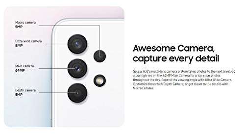 SAMSUNG Galaxy A32 (128GB, 4GB) 6.4" Super AMOLED 90Hz Display, 64MP Quad Camera, All Day Battery, Dual SIM GSM Unlocked (US + Global) 4G Volte A325M/DS (Fast Car Charger Bundle, Awesome White) 6