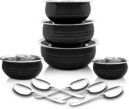 Classic Essentials Black Coloured Stainless Steel Handi/patila/bhagona/biryani Cook & Serve Handi Induction Bottom Cookware Set (Stainless Steel, 10 - Piece) 300ml, 550ml, 750ml,1100, 1500ml 1