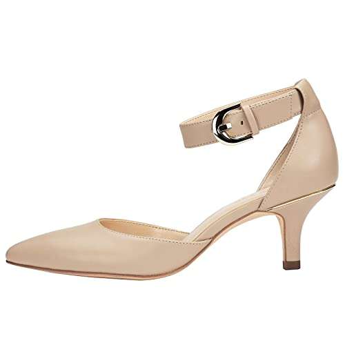 JENN ARDOR Women's Kitten Heel Pumps Ladies Closed Pointed Toe D'Orsay Ankle Strap Dress Stiletto, Natural, 7 (9.4in) 3