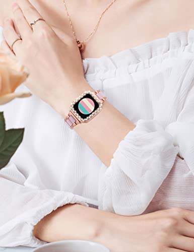 Wearlizer Compatible with Apple Watch Band 40mm/41mm with Case Upgraded Resin Metal Band Stainless Steel Buckle with Bling Crystal Rhinestone Cover for iWatch Series SE/7/6/5/4(Gold+Pink) 5