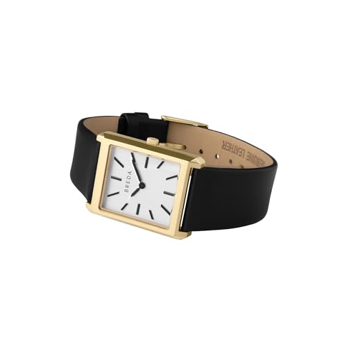 Breda Virgil Rectangle Watch, 18K Gold-Plated Case, Black Genuine Leather Band, Japanese Miyota Quartz Movement, Water-Resistant, 26mm 2
