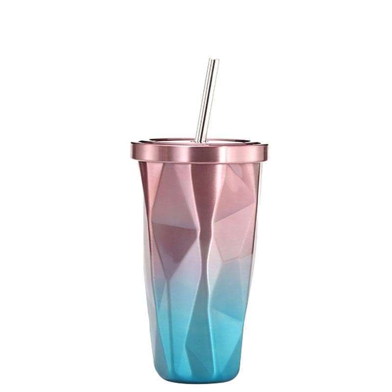 KANDPAND Straw Cup Creative Gradient Water Cup Stainless Steel Cup Straw Drinking Bottle Home School Office Diamond Shape Double Wall Tumbler with Straw Car Coffee Mug 1