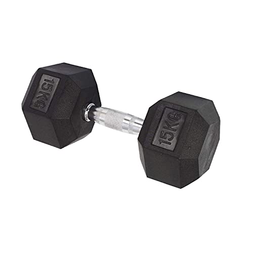 BK Sports Rubber Coated Premium Hex 15kg Dumbbells Single Piece for Home and Commercial Use Fitness and Exercise (Black and Silver) 1