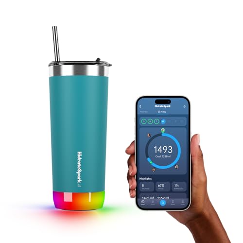 Hidrate Spark PRO Smart Tumbler with Lid & Straw – Insulated Stainless Steel – Tracks Water Intake with Bluetooth, LED Glow Reminder When You Need to Drink – 20oz, Sea Glass 1