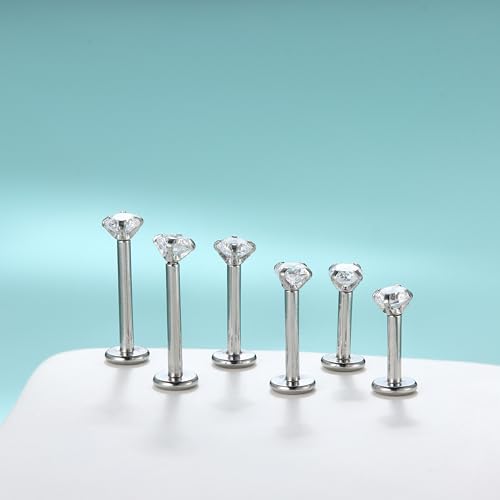 FIBO STEEL 316L Stainless Steel 2Pcs 16G 3mm CZ Inlaid Lip Rings Labret Monroe Nose Studs Helix Earring Piercing, 6mm Bar Length 6