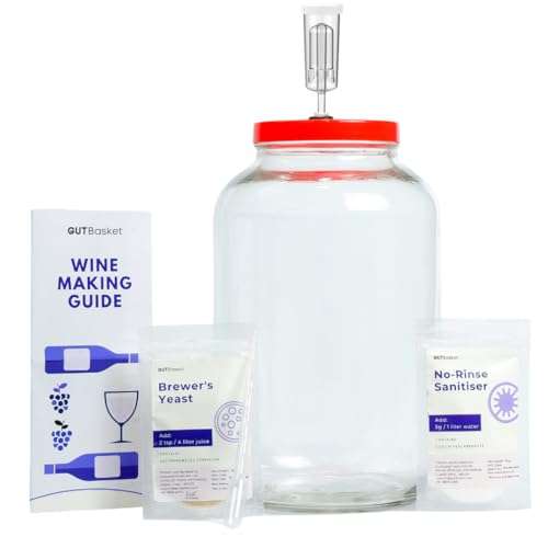 GUTBasket Wine Making Kit - Makes 20L Wine, Fermentation Jar 4 L, Wine Yeast, Airlock and No Rinse Sanitiser- Complete DIY Home Brewing Kit 1