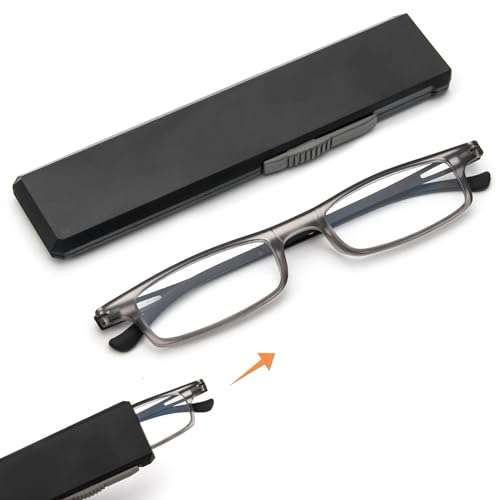 REAVEE Folding Reading Glasses for Men Women Ultra Thin Blue Light Blocking Anti UV/Eyestrain Computer TR90 Slim Foldable Portable Readers with Compact Flat Case, Grey +2.0 1