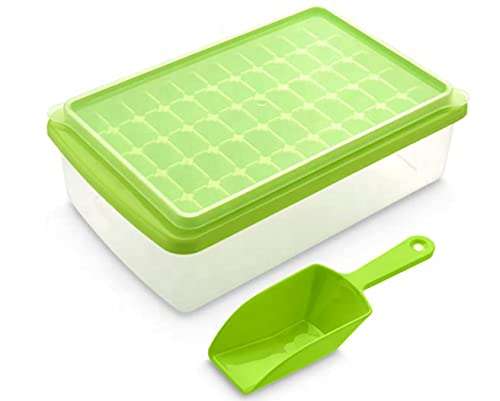 Ice Cube Tray With Lid and Bin - Space Saver Silicone Ice Tray For Freezer Comes with Ice Container, Scoop and Cover Big Ice Bucket (Green), 10.43in x 3.86in x 2.95in 1