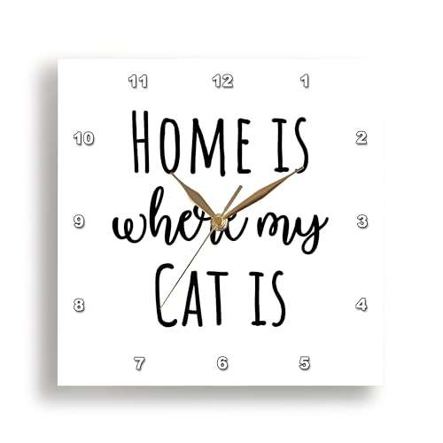 3dRose Wall Clock Silent - 13 inch - Home is Where My cat is. Black Lettering on White Background. - Stamp City - Typography 2