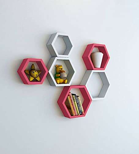 HOS Hexagon Wall Shelves Wooden Shelf Home Decor Items Rack for Living Room, Bedroom, Kitchen Corner, Office and More (Set of 6 | Size- Standard - (Coffee, Orange, Multicolor) 3