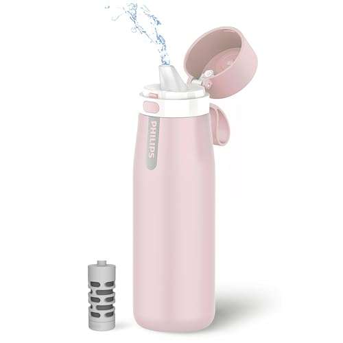 PHILIPS Filtered Water Bottle, Insulated Stainless Steel Water Purifier Bottle for Daily Life & Travel, BPA Free with GoZero Everyday Filter for Cleaner Tastier Tap Water, Keeps Cold, 18.6 oz Pink 1