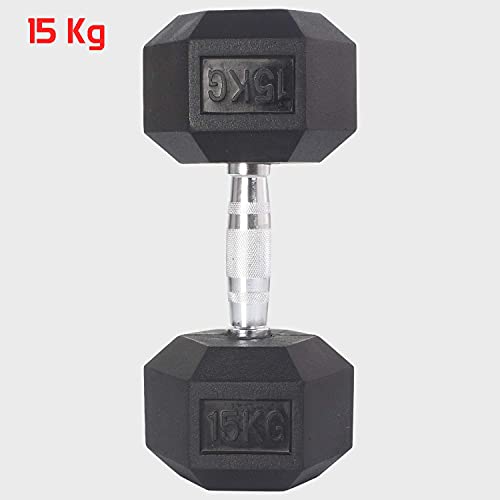 BK Sports Rubber Coated Premium Hex 15kg Dumbbells Single Piece for Home and Commercial Use Fitness and Exercise (Black and Silver) 2