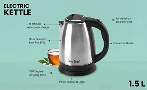 GREENCHEF Automatic Stainless Steel Electric Kettle (Silver Black,1.5L),600 Watts,1.5 Liter 6