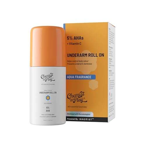 Chemist at Play UnderArm Roll-On with 5% AHA, Lactic Acid & 1% Mandelic Acid | Prevents Body Odour, Brightens Skin & Exfoliates Underarm | For Sensitive Skin | Aqua Fragrance | Alcohol Free - 40ml 1