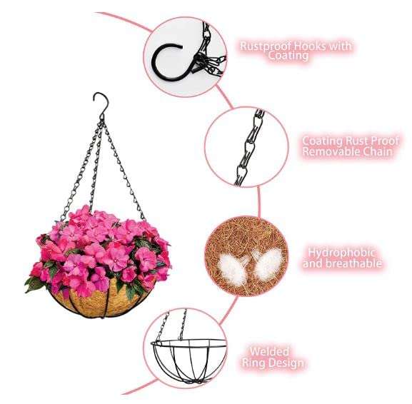 Coconut Coir Hanging Planter 4 Pcs, 10 Inches Coco Liner Hanging Basket, Plant Holder, Flower Pot Hanger with Metal Hook and Hanging Chains for Plant, Indoor, Outdoor, Decoration, Garden (4) 4