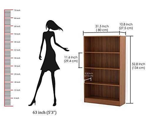 BLUEWUD Alex Engineered Wood Bookshelf Cabinet Book Rack Organizer with 4 Shelves for Décor Display Wall Mount Floor Standing for Home Library (Walnut) 4