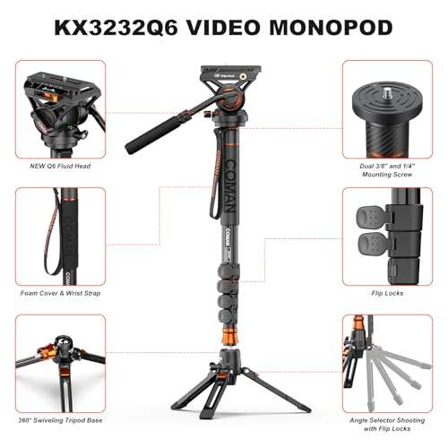 Monopod, COMAN KX3232 73.2 inch Professional Monopod Tripod Lightweight Aluminum Telescopic Camera Monopod with feet and Pan Tilt Fluid Head for DSLR Video Cameras 5