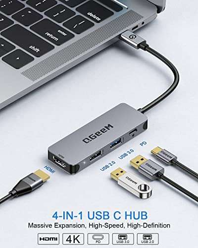 QGeeM USB C Hub 5 in 1 Multi-Port Digital AV Adapter 4K HDMI, 100W Power Delivery, 3 USB-A Data Ports, USB C Dongle Compatible for MacBook Pro Air Ipad HP Dell Lenovo iMac iPhone 15 Pro/Pro etc. 2