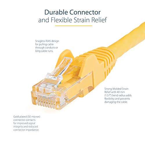 StarTech.com 2ft CAT6 Ethernet Cable - Yellow CAT 6 Gigabit Ethernet Wire -650MHz 100W PoE RJ45 UTP Network/Patch Cord Snagless w/Strain Relief Fluke Tested/Wiring is UL Certified/TIA (N6PATCH2YL) 3