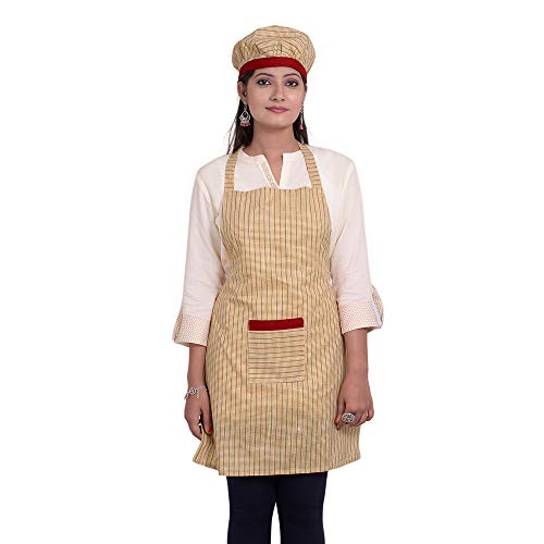 The Fineworld Cotton Designer Striped Unisex Aprons with Cap, Front Pocket for Kitchen, Hotel, Restaurant (Red, 29x23 Inch) 2