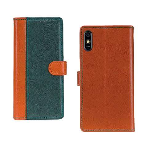 Pinaaki Enterprises Lava Z61 Pro Case | Premium Leather Finish | with Card Pockets | Wallet Stand |Complete Protection Cover for Lava Z61 Pro - Camel and Green 1