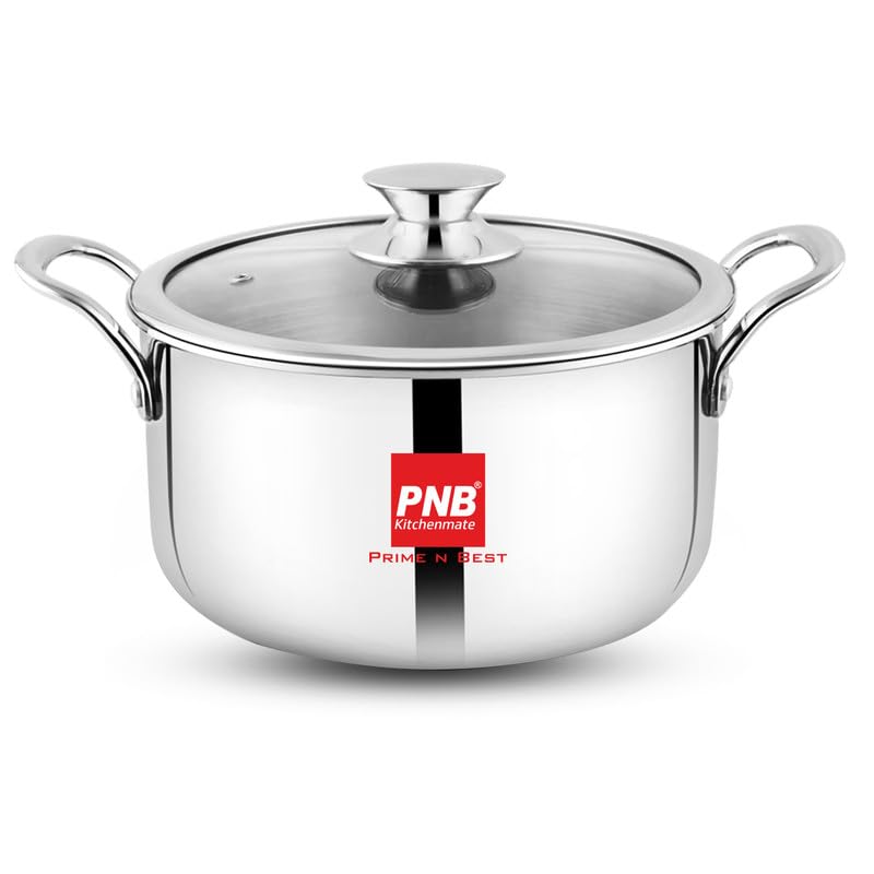 PNB Kitchenmate Triply Stainless Steel Cookpot with Glass Lid, 28cm (8 Litre), 2.5mm Thick, 3-Ply Clad Construction, Induction & Gas Compatible, 5 Years Warranty
