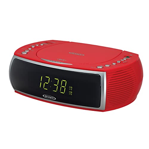 Jensen Red Modern Home CD Tabletop Stereo Clock Digital AM/FM Radio CD Player Dual Alarm Clock CD Top-Loading Player | USB Charging Port DV 5V 800mA | Headphone Jack | 0.9 Display Green LED 1