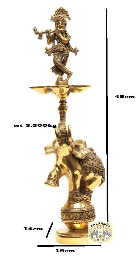 acraftsindia Brass Krishna Elephant Diya Deepak Deepam Diya Lotus Indian Diwali Oil Lamp Pooja Light Puja Decor Lamps Made in India Decorative 3
