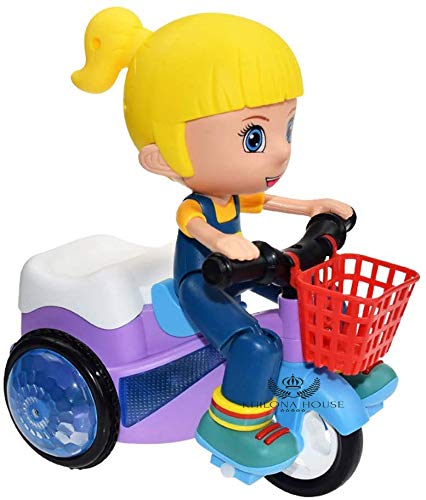 Khilona House Cartoon Tricycle Stunt Toy Electric Motorcycle Car Lights and Sound Vehicles Toys, Mini Stunt Car, Three Wheeled Bicycle for Toddlers Baby Kids Children Birthday (Stunt car Girl) 1