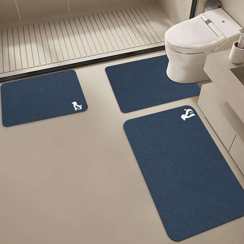 U-Shaped Toilet mat, Bathroom Rugs Set 3 Piece, Comfortable Soft and Absorbent Bathroom mat, U Shaped Bath Rug, Non-Slip Rubber Bath mat, Toilet Rug，Dry Fast for Bathroom Mat, Dark Blue 3