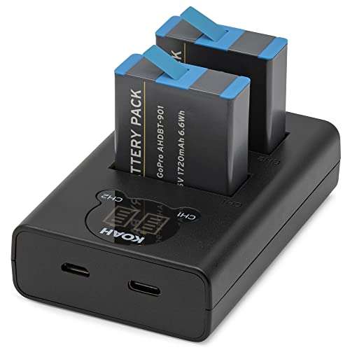 Koah Pro 2-Pack Rechargeable Lithium-Ion Battery Kit for GoPro HERO10/9 Black with Koah Dual Battery LCD Charger, Compatible but not Official GoPro Hero Action Camera Accessory, Includes USB-C Cable 2